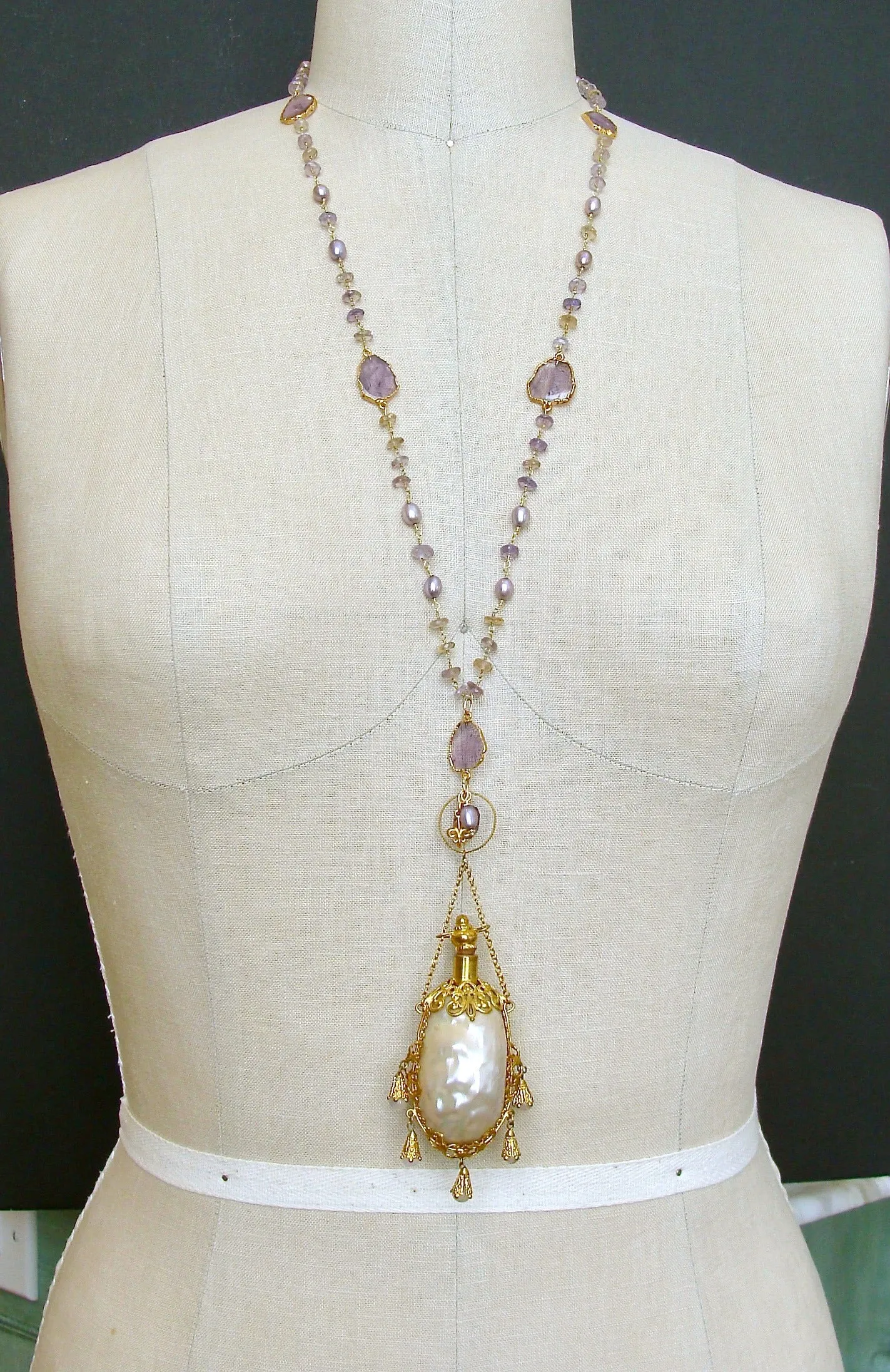 Ametrine Amethyst Slices Chatelaine Shell Scent Bottle Necklace - Guinevere III Necklace