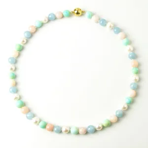 Angel Pink Coral, Aquamarine, Peruvian Blue Opal, and White Pearls