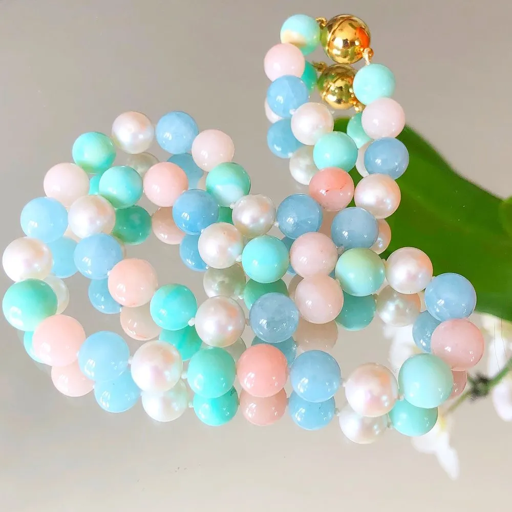Angel Pink Coral, Aquamarine, Peruvian Blue Opal, and White Pearls
