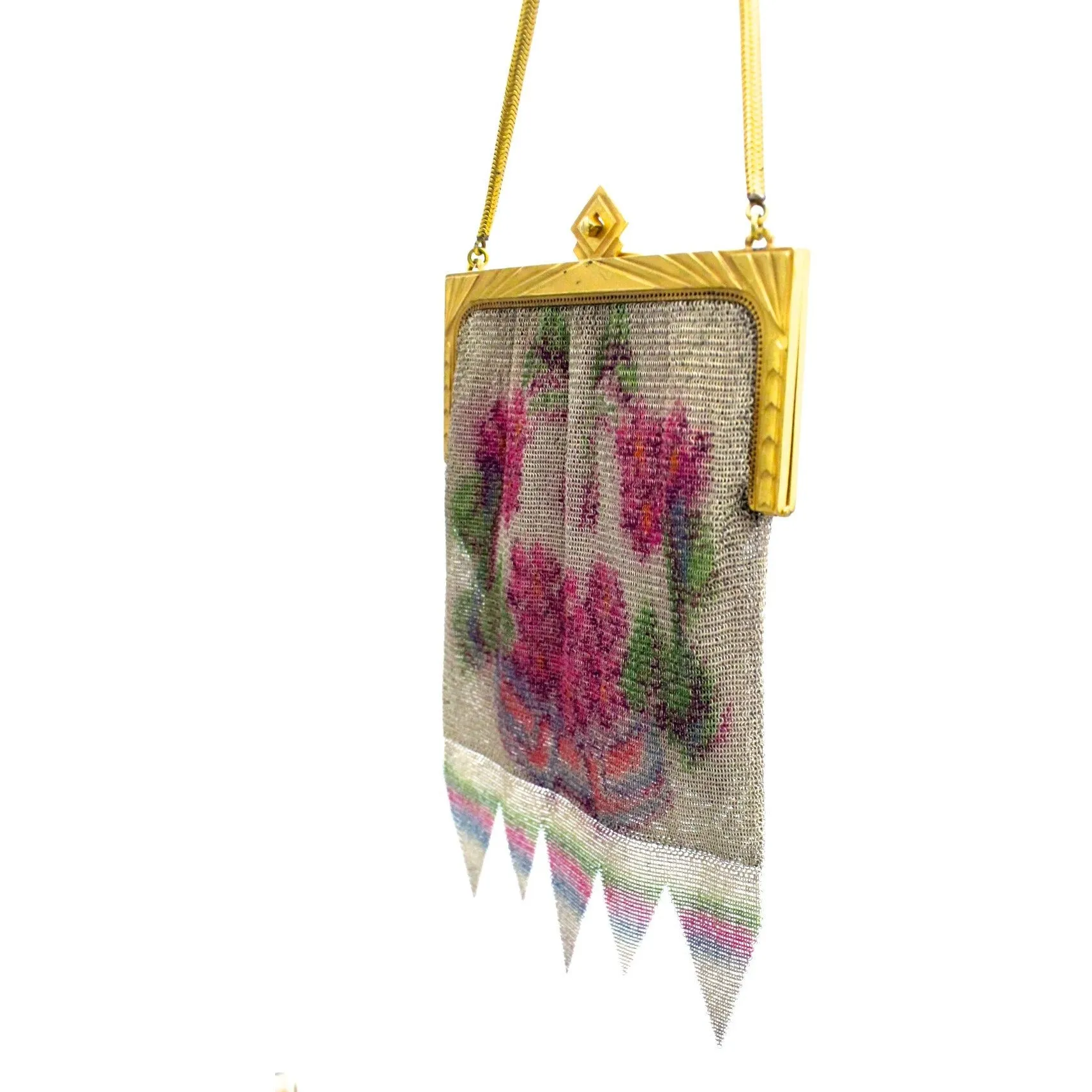 Antique Fine Mesh Purse Floral 1920s Art Deco Large Gold Deco Frame Pointed Hem