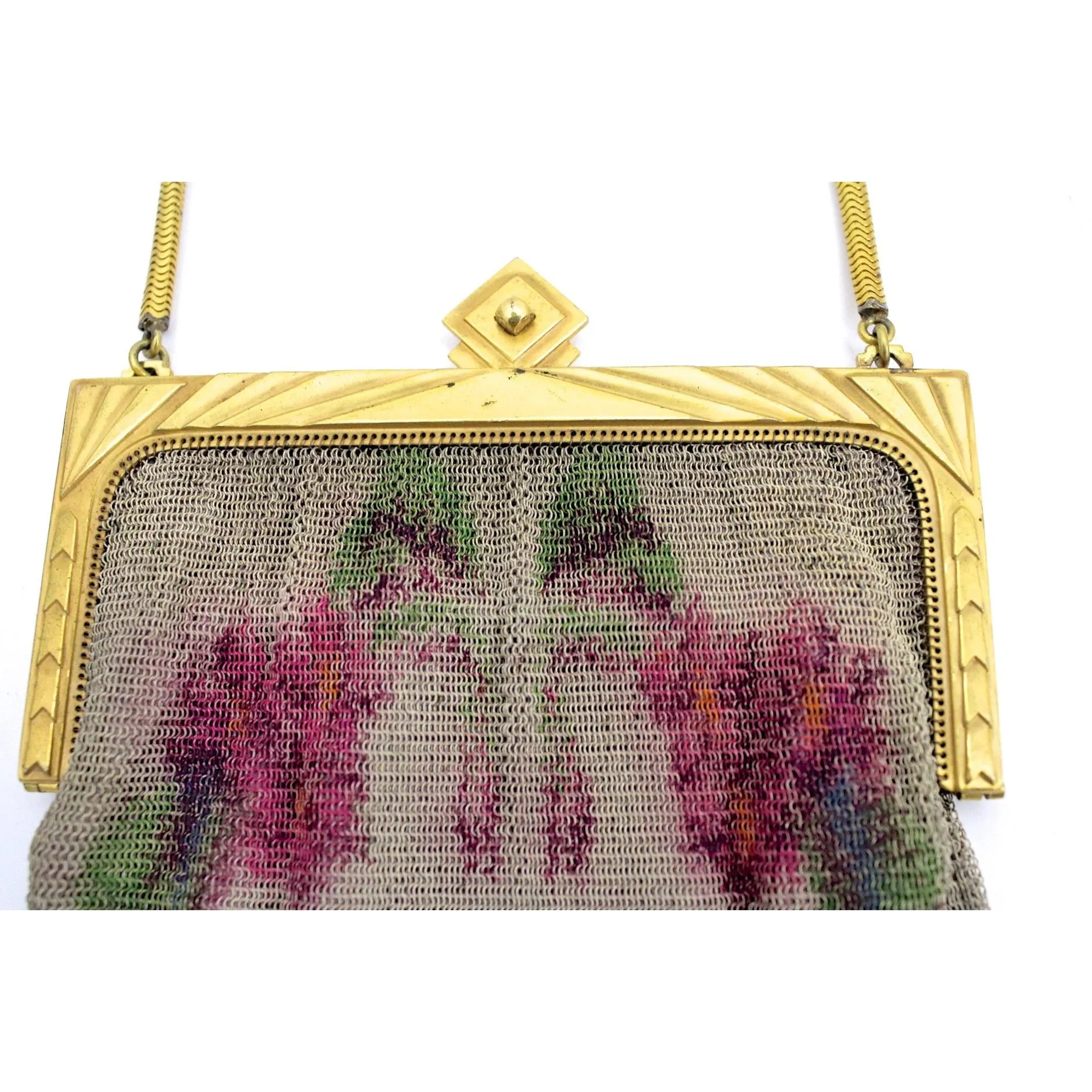 Antique Fine Mesh Purse Floral 1920s Art Deco Large Gold Deco Frame Pointed Hem
