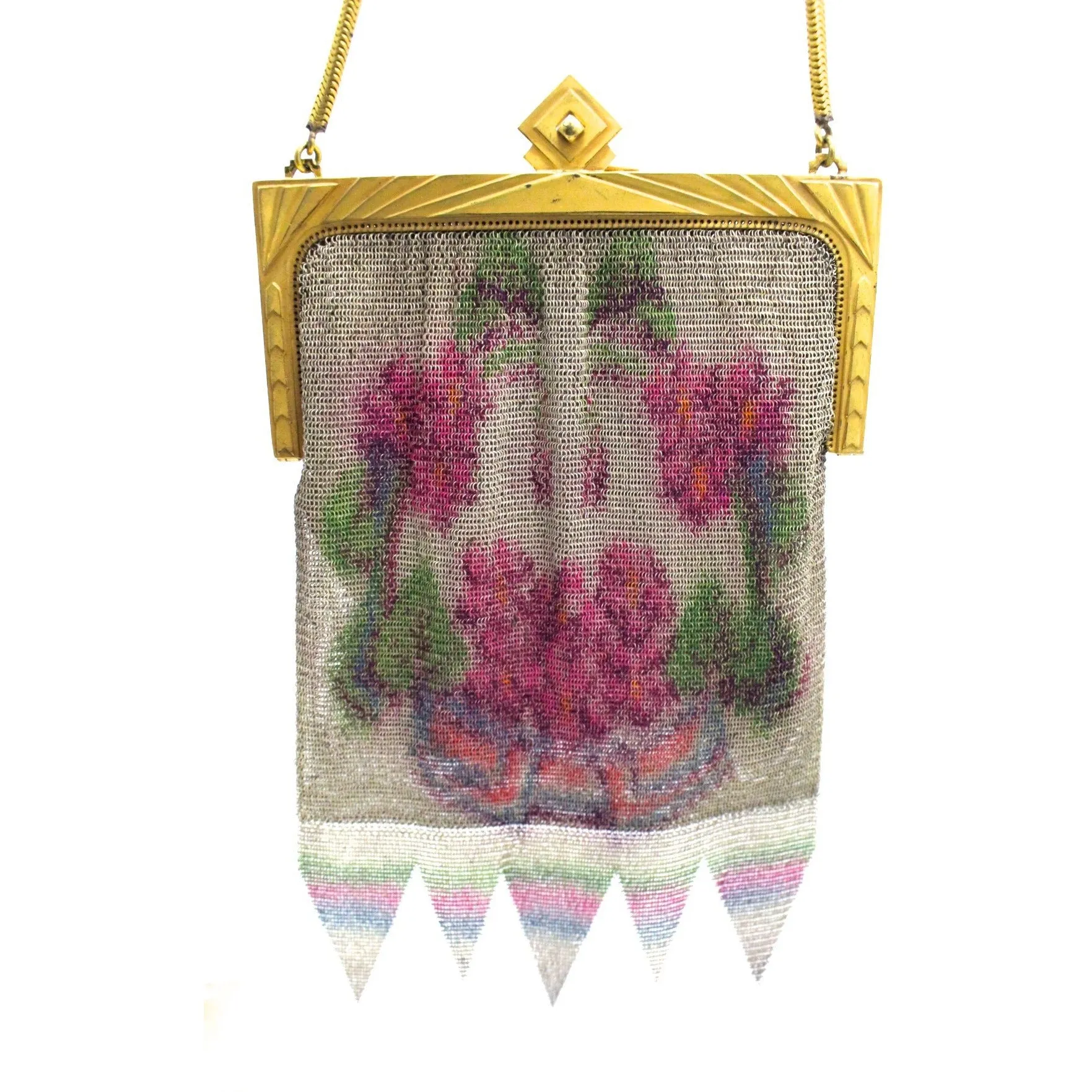 Antique Fine Mesh Purse Floral 1920s Art Deco Large Gold Deco Frame Pointed Hem