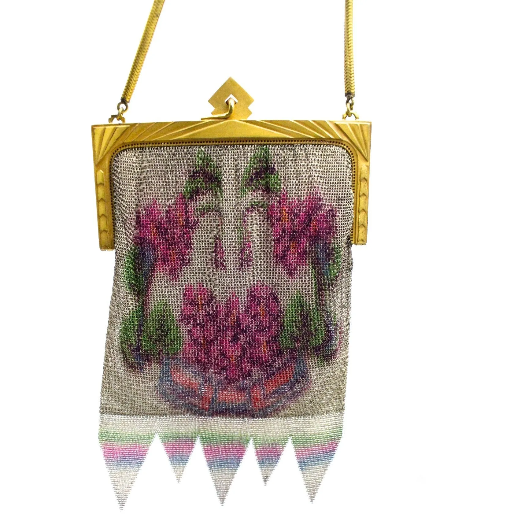 Antique Fine Mesh Purse Floral 1920s Art Deco Large Gold Deco Frame Pointed Hem