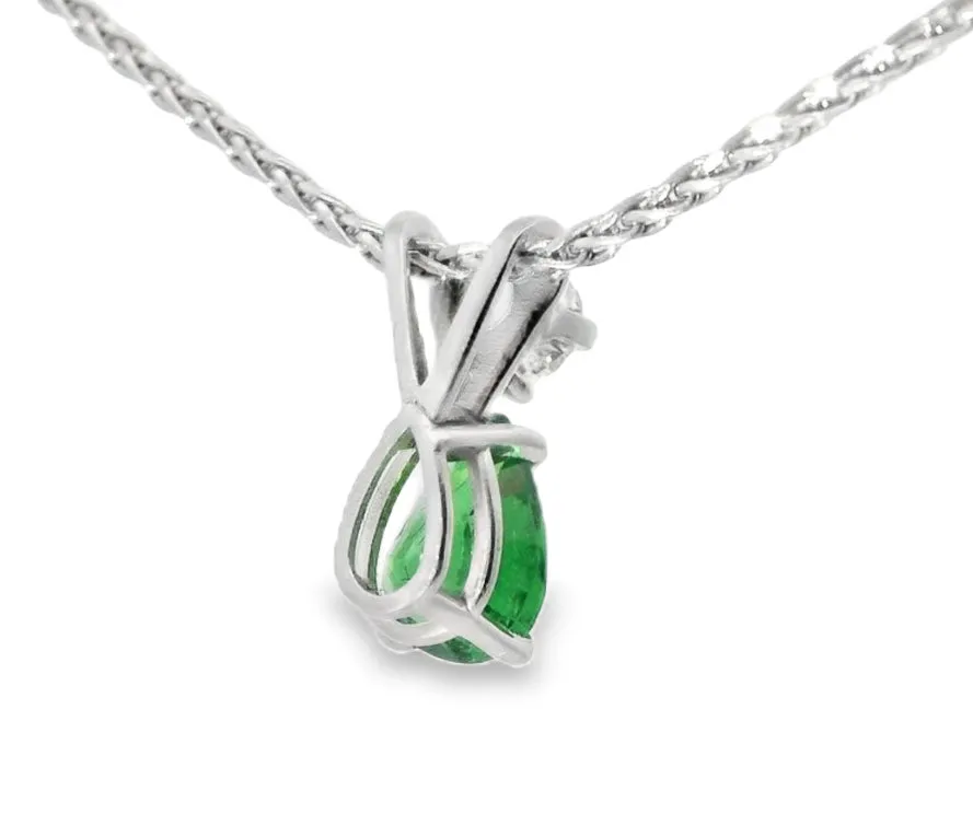 Beautiful 14K White Gold Pear Emerald Diamond Drop Pendant Necklace