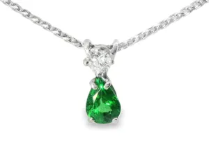 Beautiful 14K White Gold Pear Emerald Diamond Drop Pendant Necklace