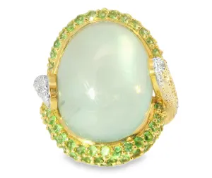 Beautiful Estate 14K Gold Cabochon Green Amethyst Tsavorite Pave Diamond Ring