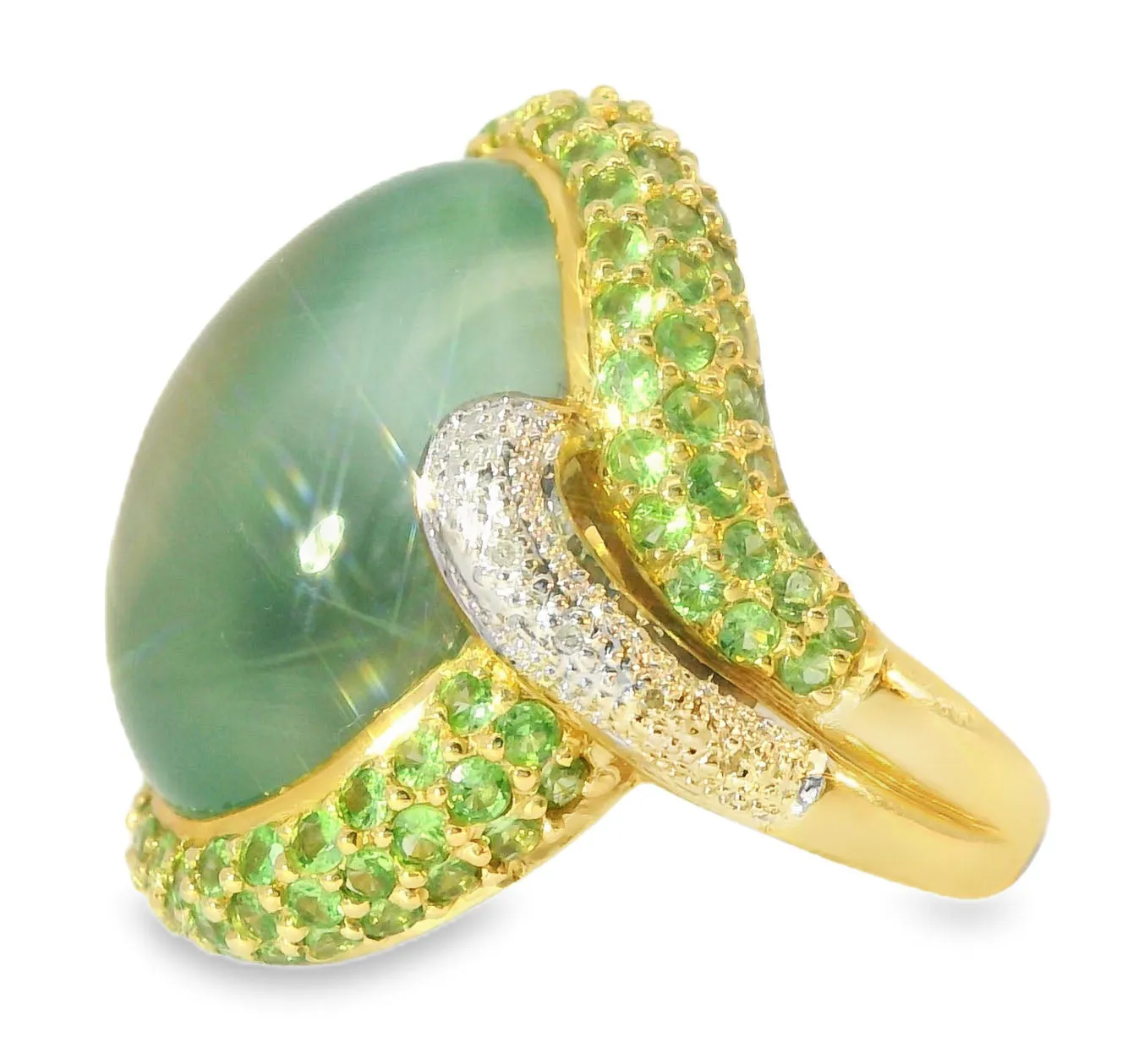 Beautiful Estate 14K Gold Cabochon Green Amethyst Tsavorite Pave Diamond Ring