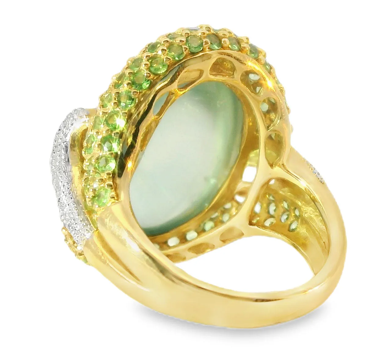 Beautiful Estate 14K Gold Cabochon Green Amethyst Tsavorite Pave Diamond Ring