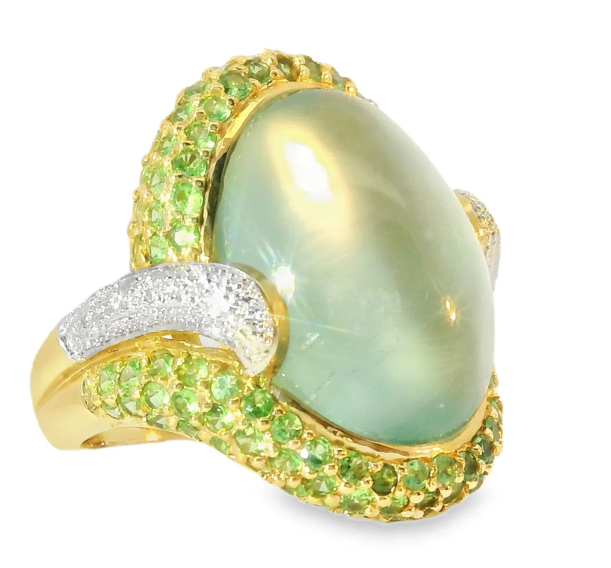 Beautiful Estate 14K Gold Cabochon Green Amethyst Tsavorite Pave Diamond Ring