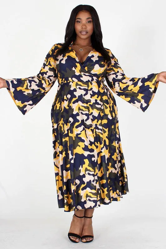 Bell Sleeve Wrap Camouflage Dress