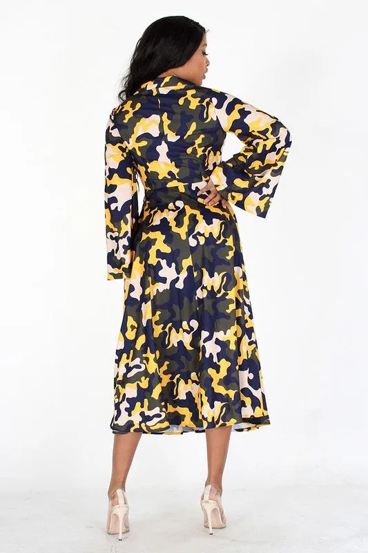 Bell Sleeve Wrap Camouflage Dress