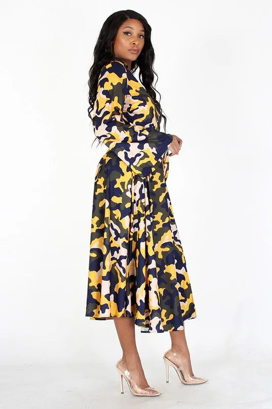 Bell Sleeve Wrap Camouflage Dress