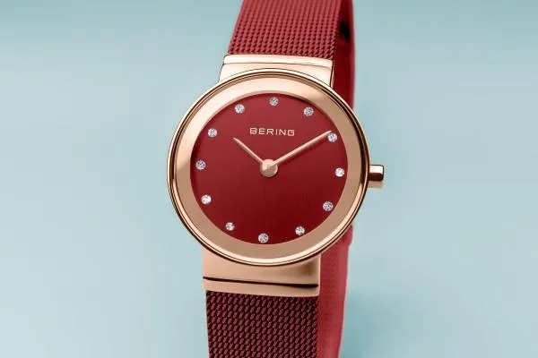 BERING Classic 26mm Polished Rose Gold Milanese Strap Red Women's Watch 10126-363