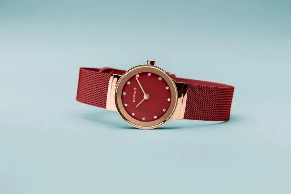 BERING Classic 26mm Polished Rose Gold Milanese Strap Red Women's Watch 10126-363