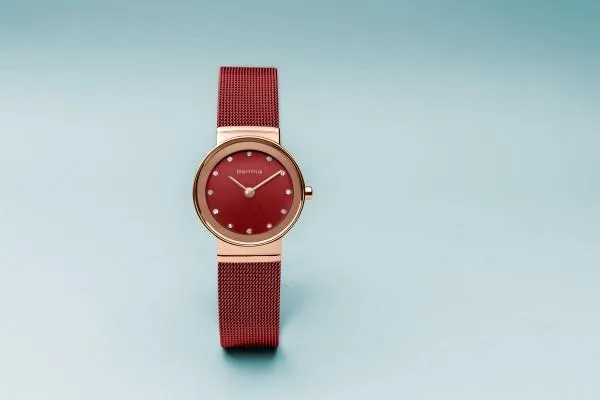 BERING Classic 26mm Polished Rose Gold Milanese Strap Red Women's Watch 10126-363