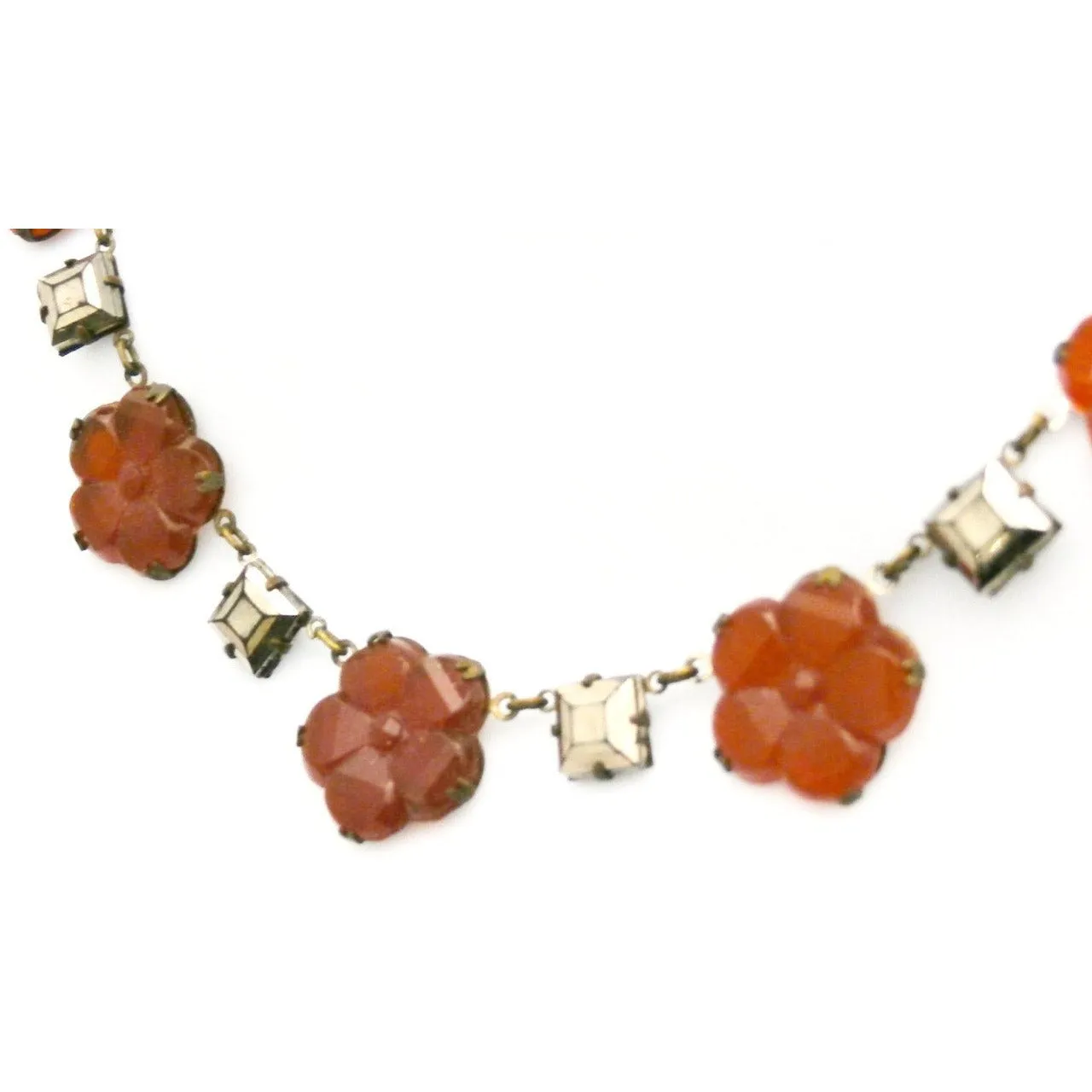 Best Antique Vintage 1920s Art Deco Carnelian Necklace Flowers & Square Mirrored Stones 15"