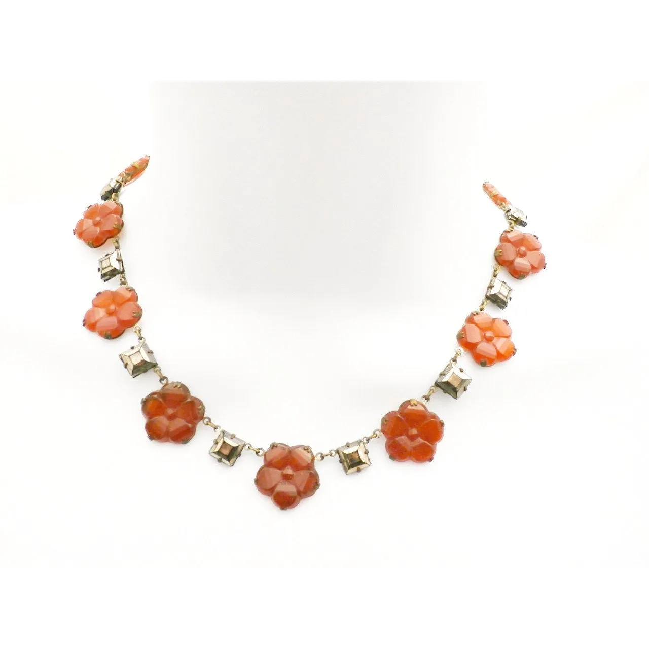Best Antique Vintage 1920s Art Deco Carnelian Necklace Flowers & Square Mirrored Stones 15"