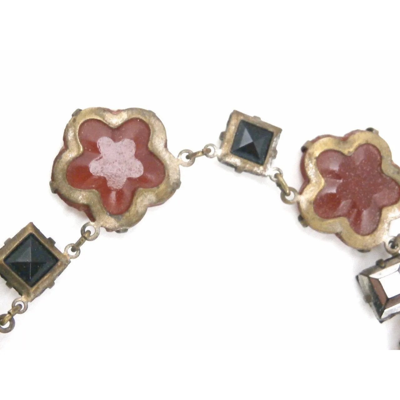 Best Antique Vintage 1920s Art Deco Carnelian Necklace Flowers & Square Mirrored Stones 15"