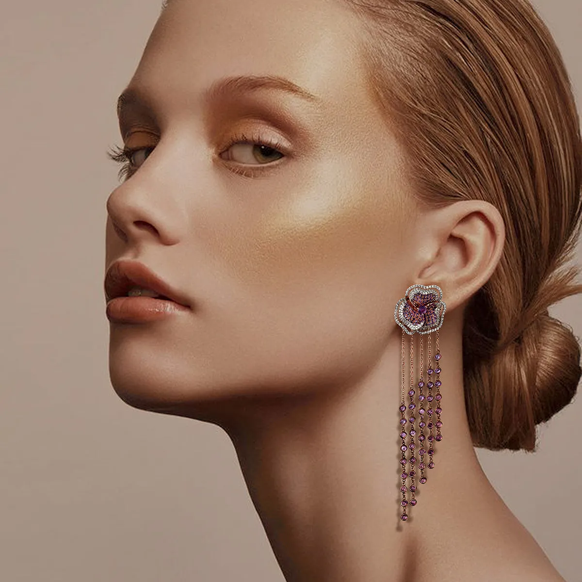 Bloom Halo Medium Flower Amethyst Long Earrings in Rose Gold