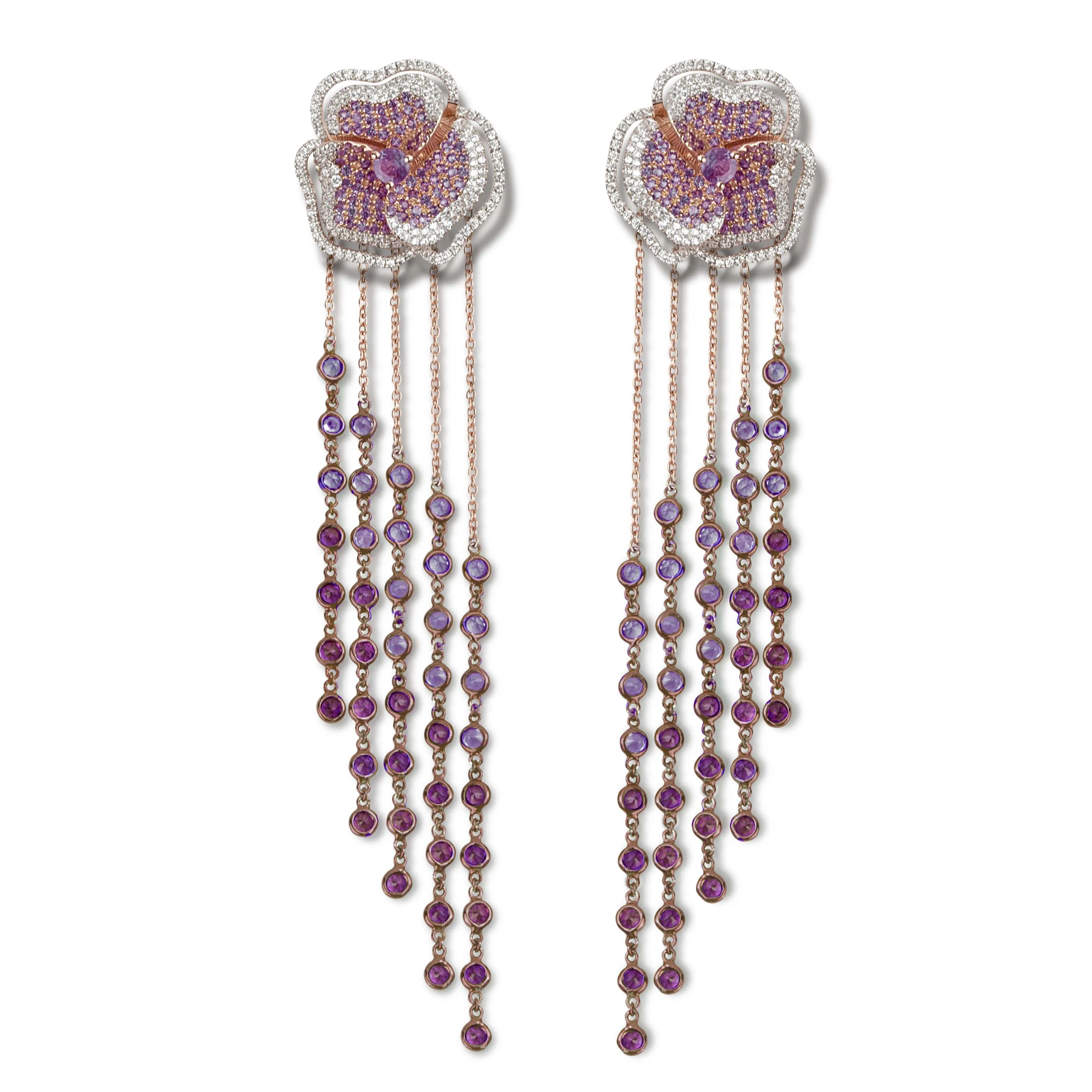 Bloom Halo Medium Flower Amethyst Long Earrings in Rose Gold