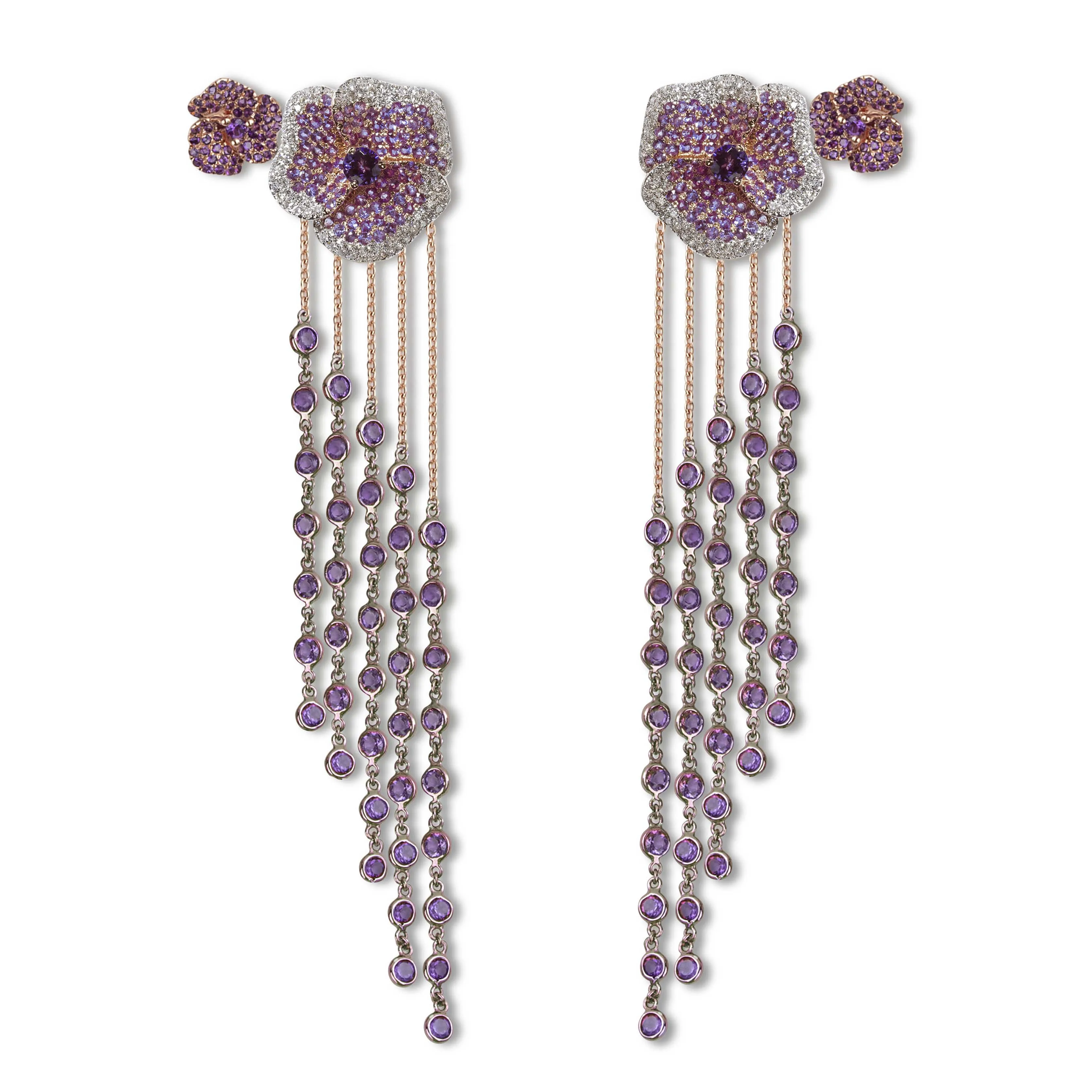 Bloom Medium Twins Flower Amethyst Long Earrings in Rose Gold