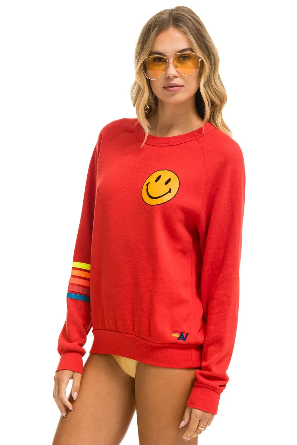 BOLT RUGBY STITCH CREW SWEATSHIRT - RED // NEON RAINBOW