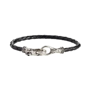 Braided Black Leather Bracelet with Skull Clasp