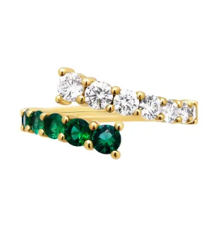 By Pass Ring with Diamonds & Green Emeralds