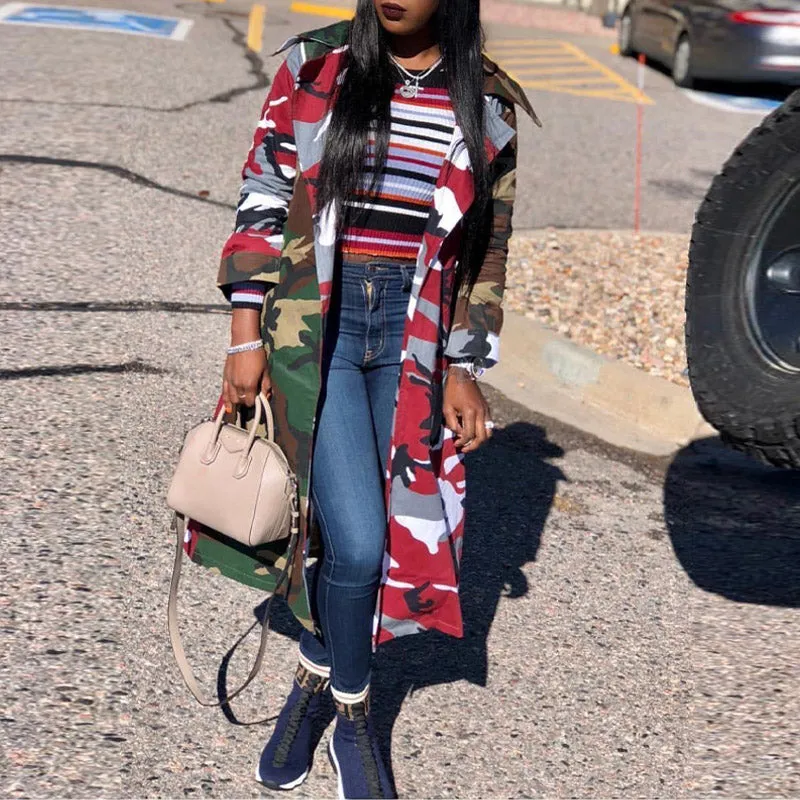 Camouflage Pattern Long Sleeve Belted Long Coat