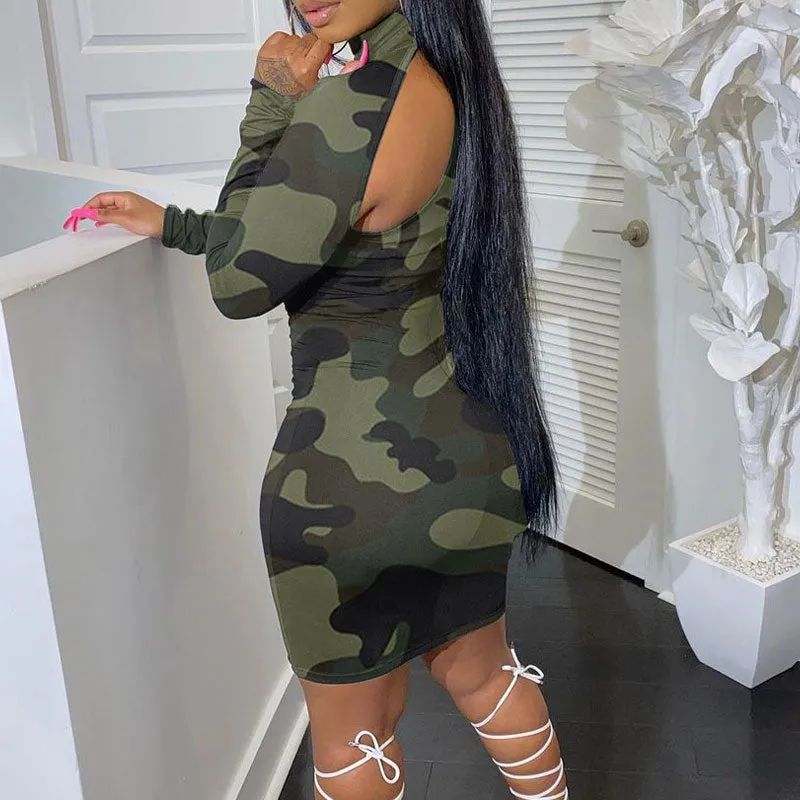 Camouflage Pattern Long Sleeve Cut Out Bodycon Dress