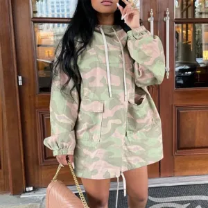 Camouflage Pattern Long Sleeve Drawstring Hoodie Dress