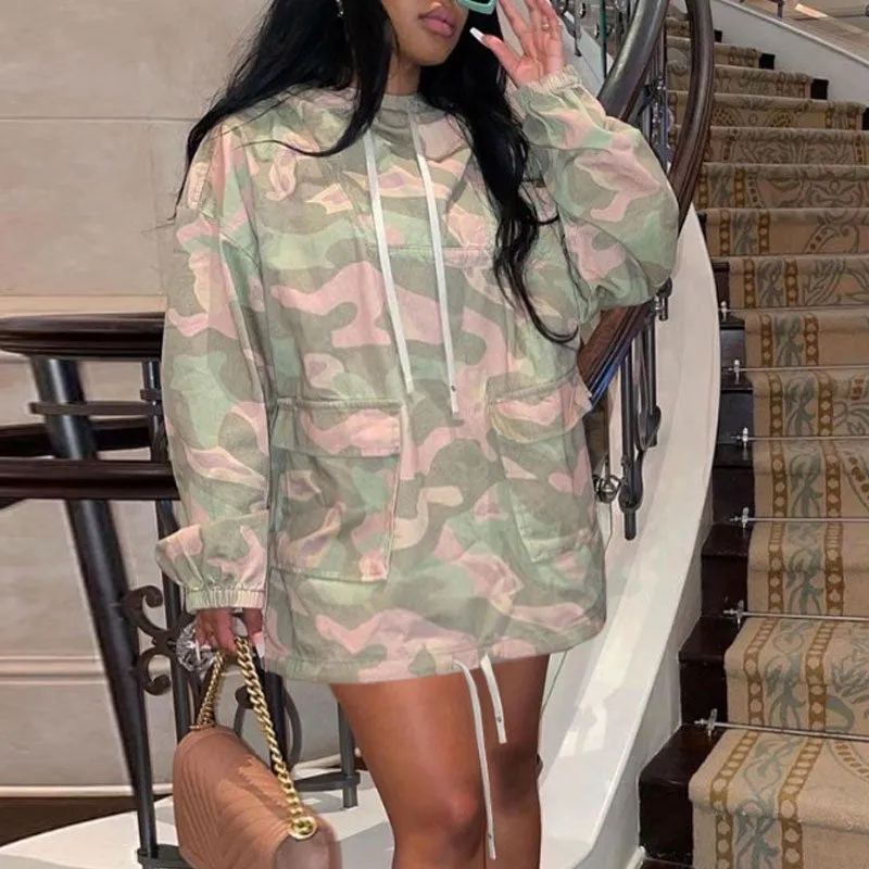 Camouflage Pattern Long Sleeve Drawstring Hoodie Dress