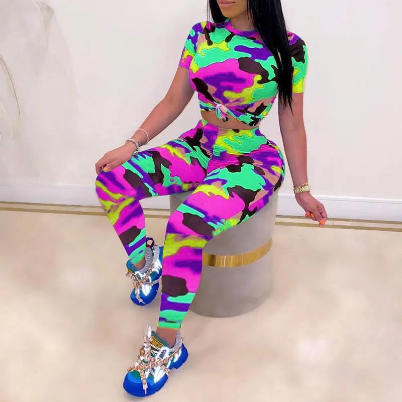 Camouflage Round Neck Two Piece Set