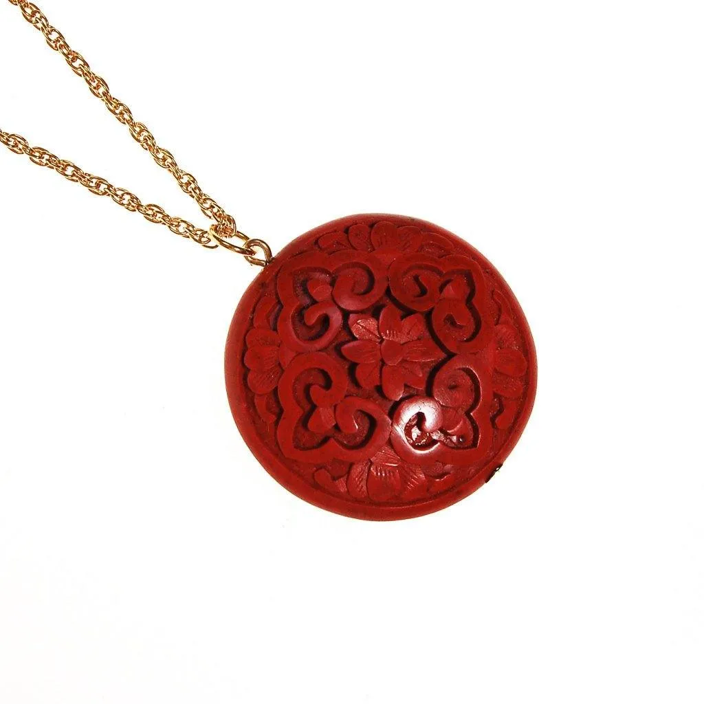 Carved Cinnabar Medallion Pendant Necklace
