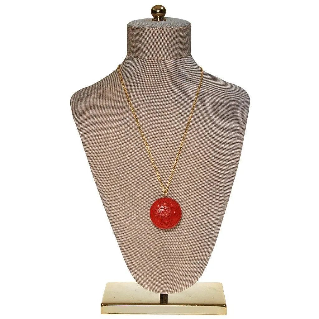 Carved Cinnabar Medallion Pendant Necklace