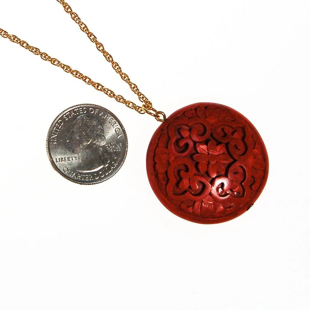 Carved Cinnabar Medallion Pendant Necklace