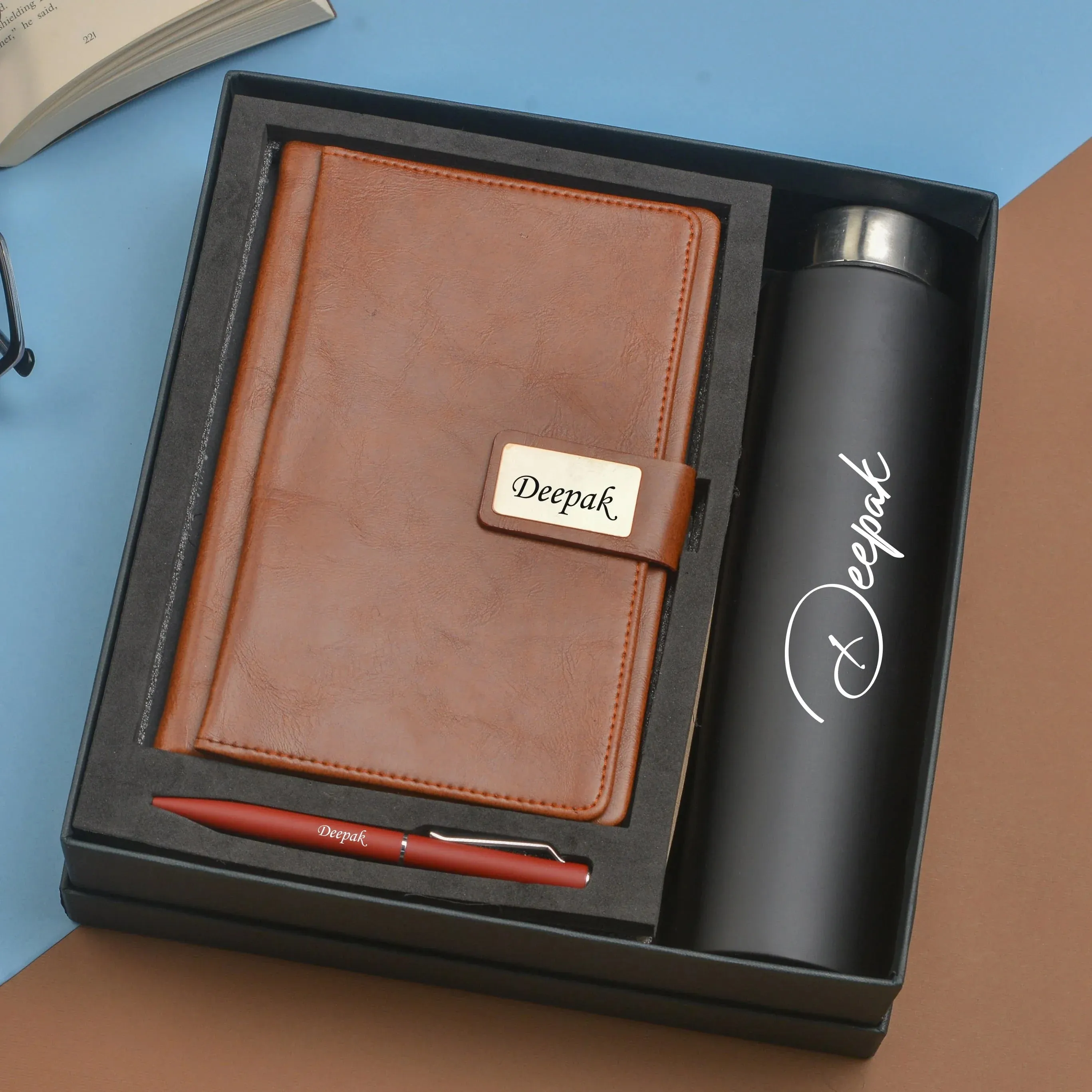 Classy Executive Diary   Classic Metal Pen   Classic Smart Bottle  (Black) - Tan