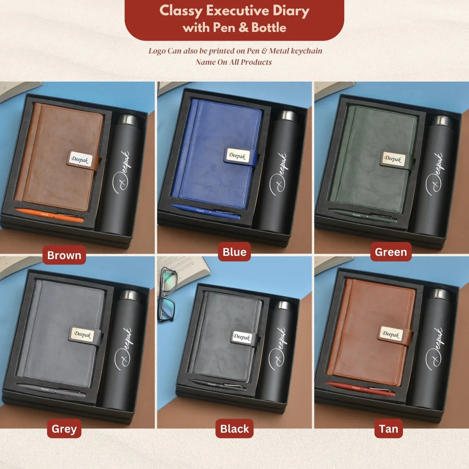 Classy Executive Diary   Classic Metal Pen   Classic Smart Bottle  (Black) - Tan