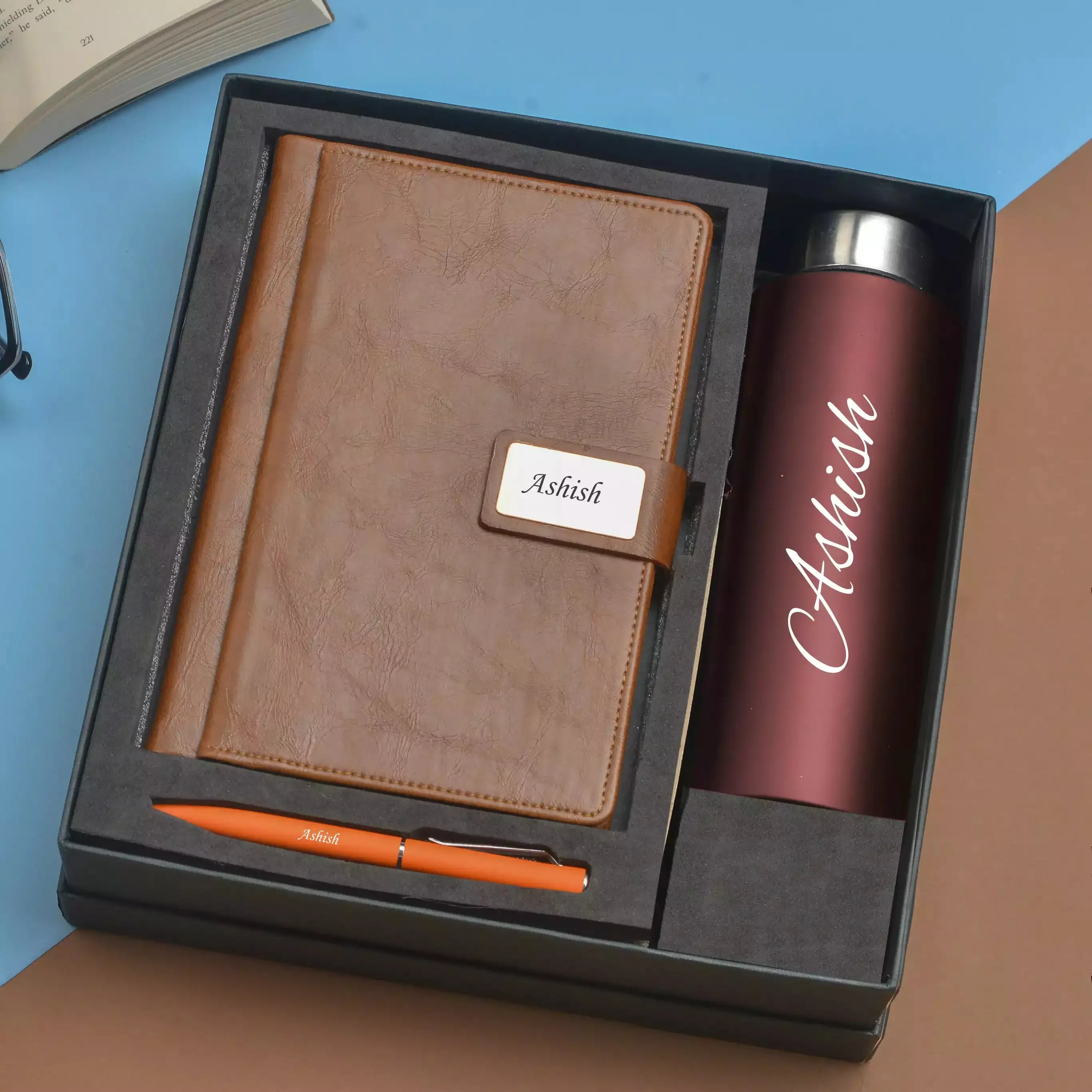 Classy Executive Diary   Classic Metal Pen   Classic Smart Bottle  (Black) - Tan
