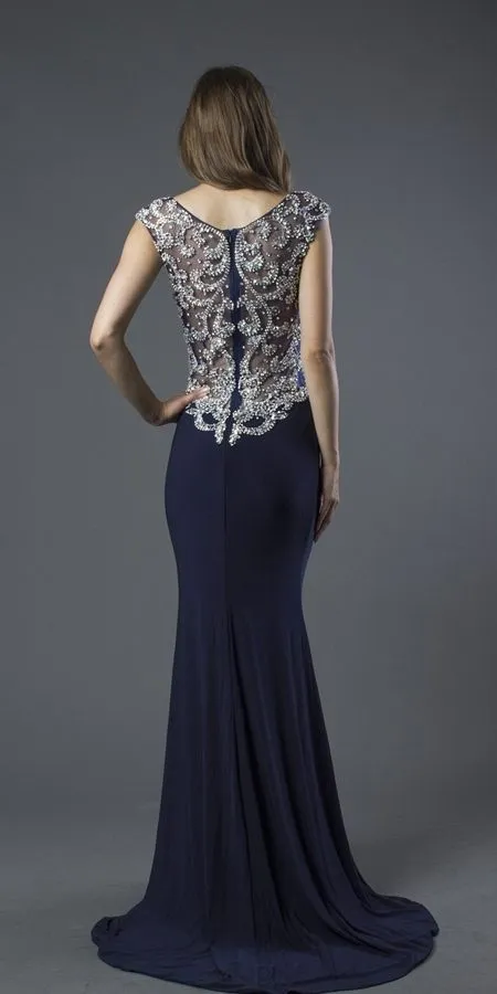 CLEARANCE - J&J Fashion 153 Embellished Illusion Back Mermaid Prom Gown (Size 6)