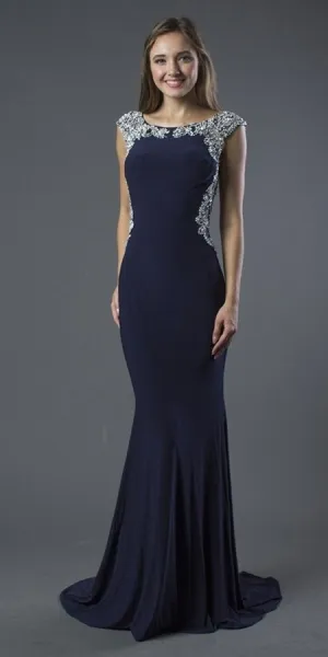 CLEARANCE - J&J Fashion 153 Embellished Illusion Back Mermaid Prom Gown (Size 6)