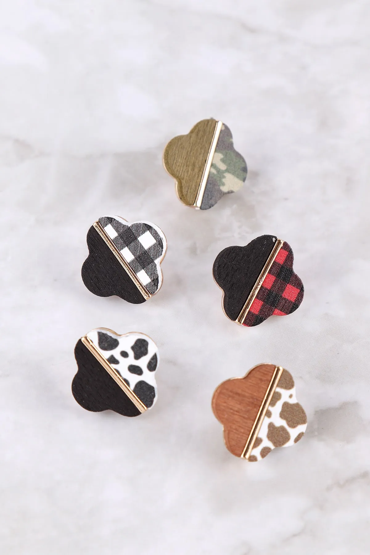 CLOVER WOOD CAMO TWO TONE STUD EARRINGS