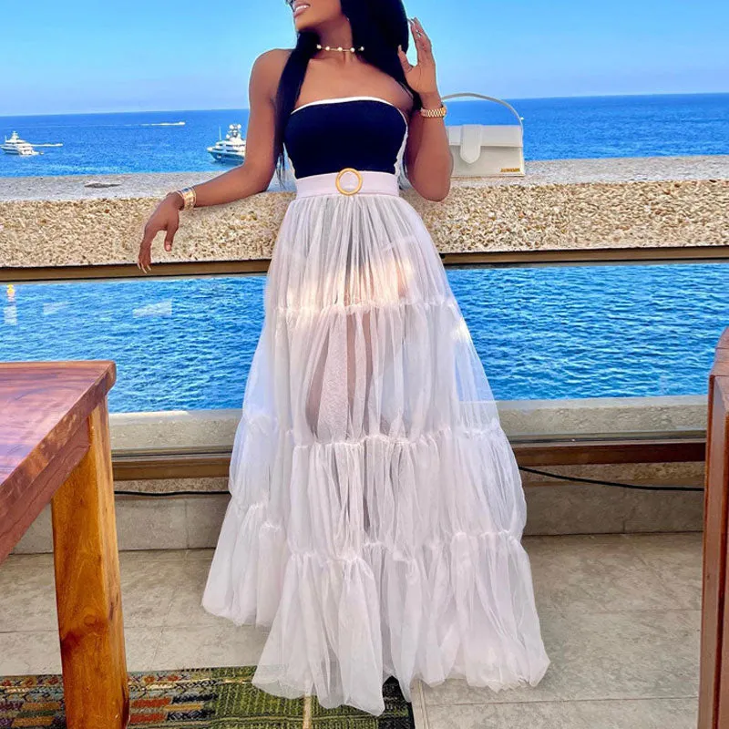 Colorblock Bandeau Big Swing Sheer Mesh Maxi Dress