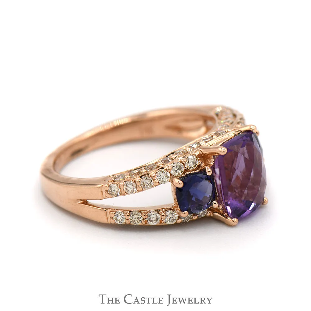 Cushion Cut Amethyst Ring with Tanzanite & Diamond Accents in 14k Rose Gold