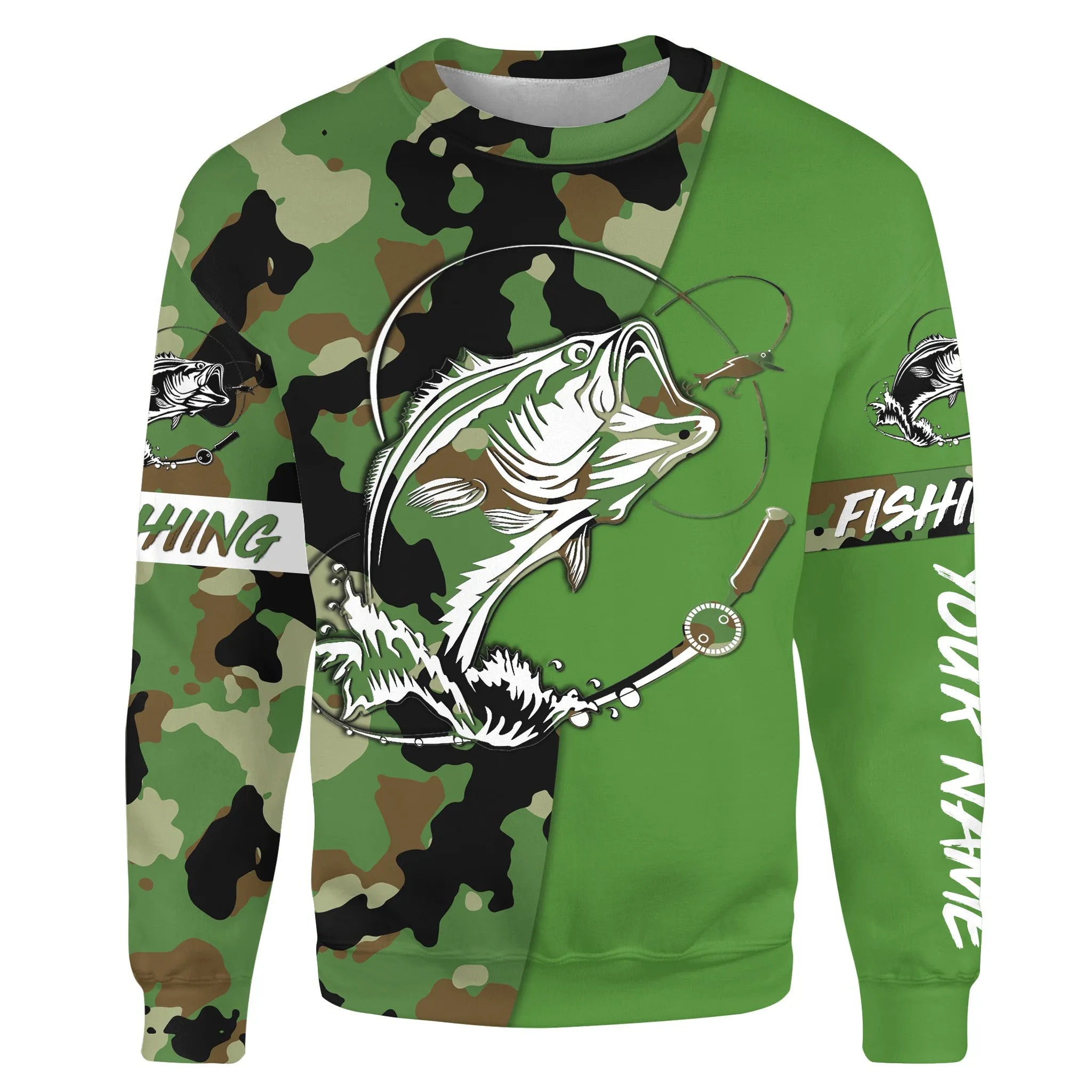 Custom Name largemouth bass fishing tattoos Camouflage green camo shirt Custom Sweatshirt NPQ433