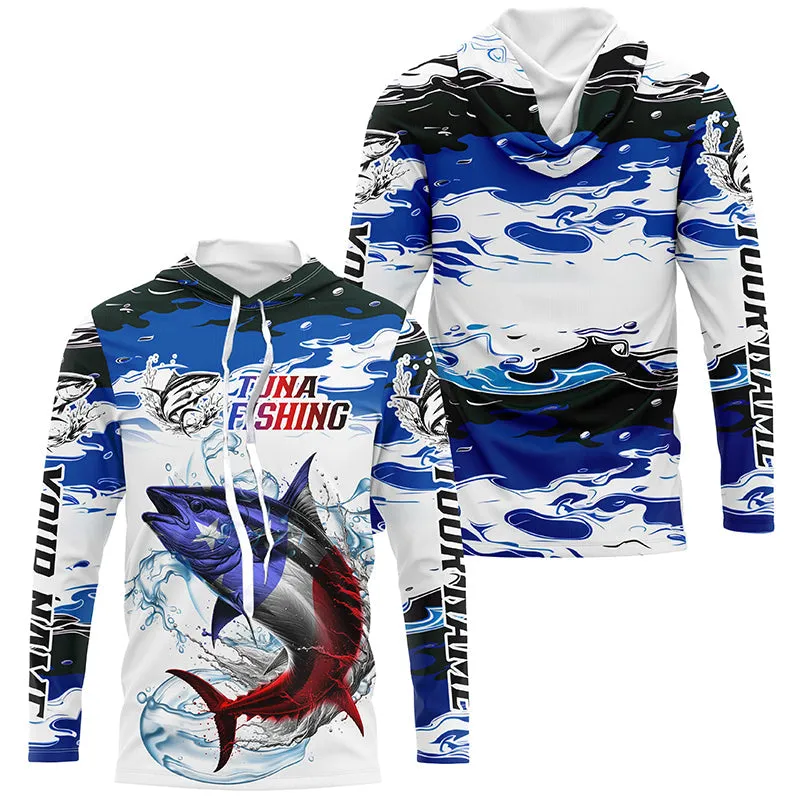 Custom Patriotic Tuna Fishing Camo Jerseys, American Flag Tuna Long Sleeve Saltwater Fishing Shirts IPHW6052
