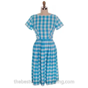 Cute Vintage Cotton Dress Large Scale Gingham Plaid Aqua & White Montgomery Wards 1950s S-M