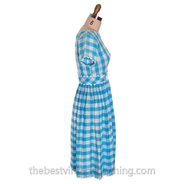 Cute Vintage Cotton Dress Large Scale Gingham Plaid Aqua & White Montgomery Wards 1950s S-M
