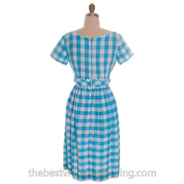 Cute Vintage Cotton Dress Large Scale Gingham Plaid Aqua & White Montgomery Wards 1950s S-M