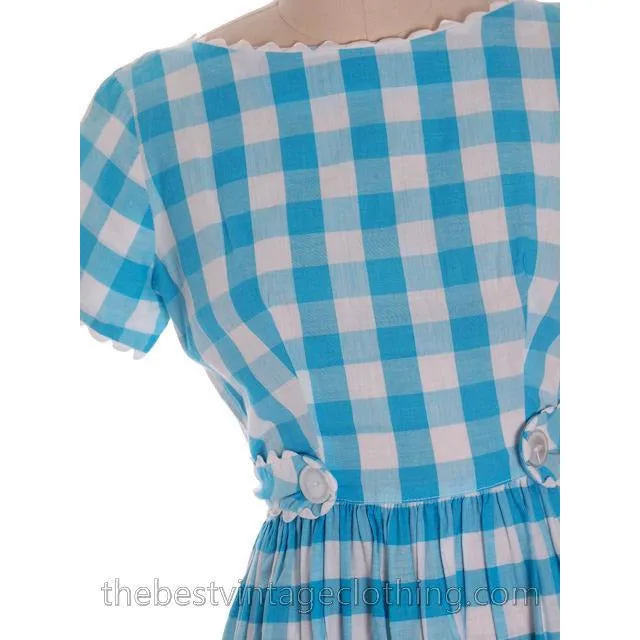 Cute Vintage Cotton Dress Large Scale Gingham Plaid Aqua & White Montgomery Wards 1950s S-M